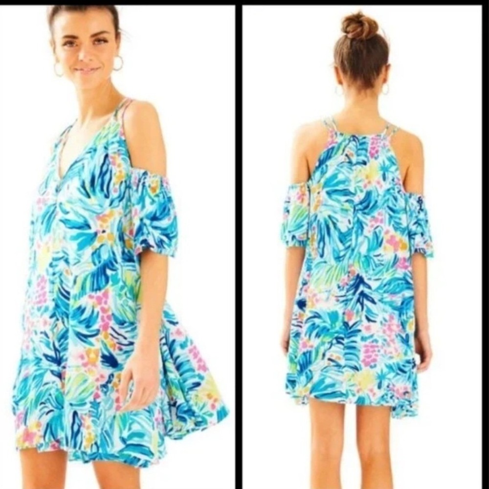 Lilly Pulitzer Dress Bellamie XS Blue Floral Cold Shoulder Serene Blue Tippy Top